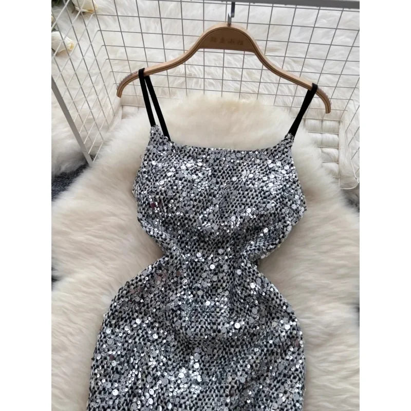 Cami Dresses Women Party Sexy Sequins Sparkling Waist Cinching Suspender Bodycon Dress Sleeveless Streetwear Fashion Vestidos