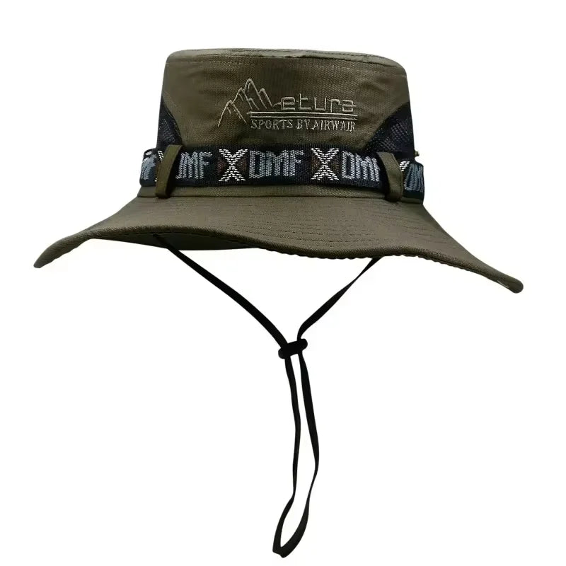 Summer Men Bucket Hat Outdoor UV Protection Wide Brim Panama Safari Hunting Hiking Hat Mesh Fisherman Hat Beach Sunscreen Cap