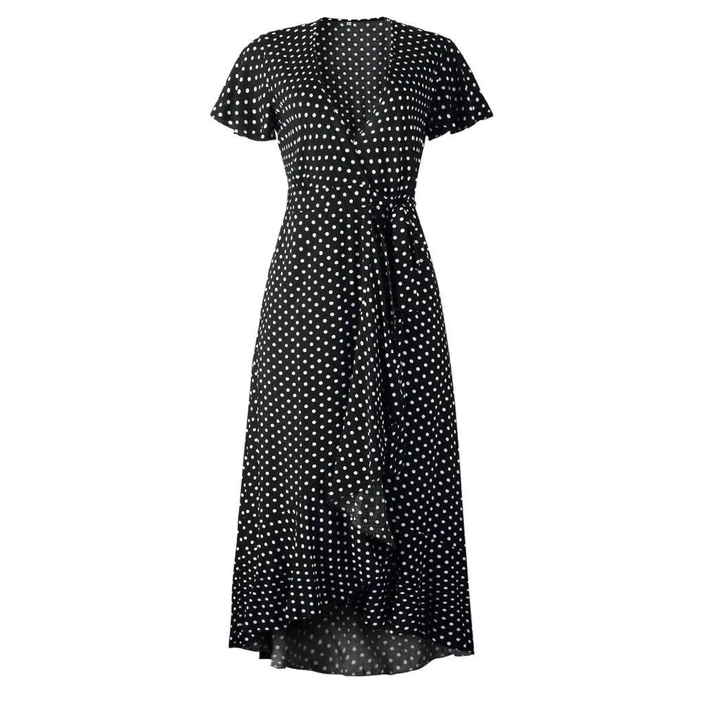 Ladies Bohemian Polka Dot Chiffon Dress Sexy V Neck Short Sleeve Split Maxi Sundress Summer Wrap Dresses For Women