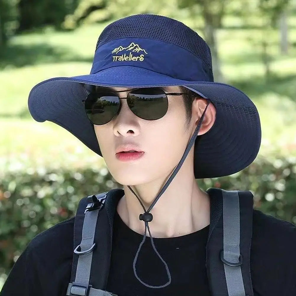 UPF 50+ Wide Brim Sun Hat Fishing Hat Men Women Breathable Hiking Cap UV Protection Foldable Adjustable Strap Cotton Linen