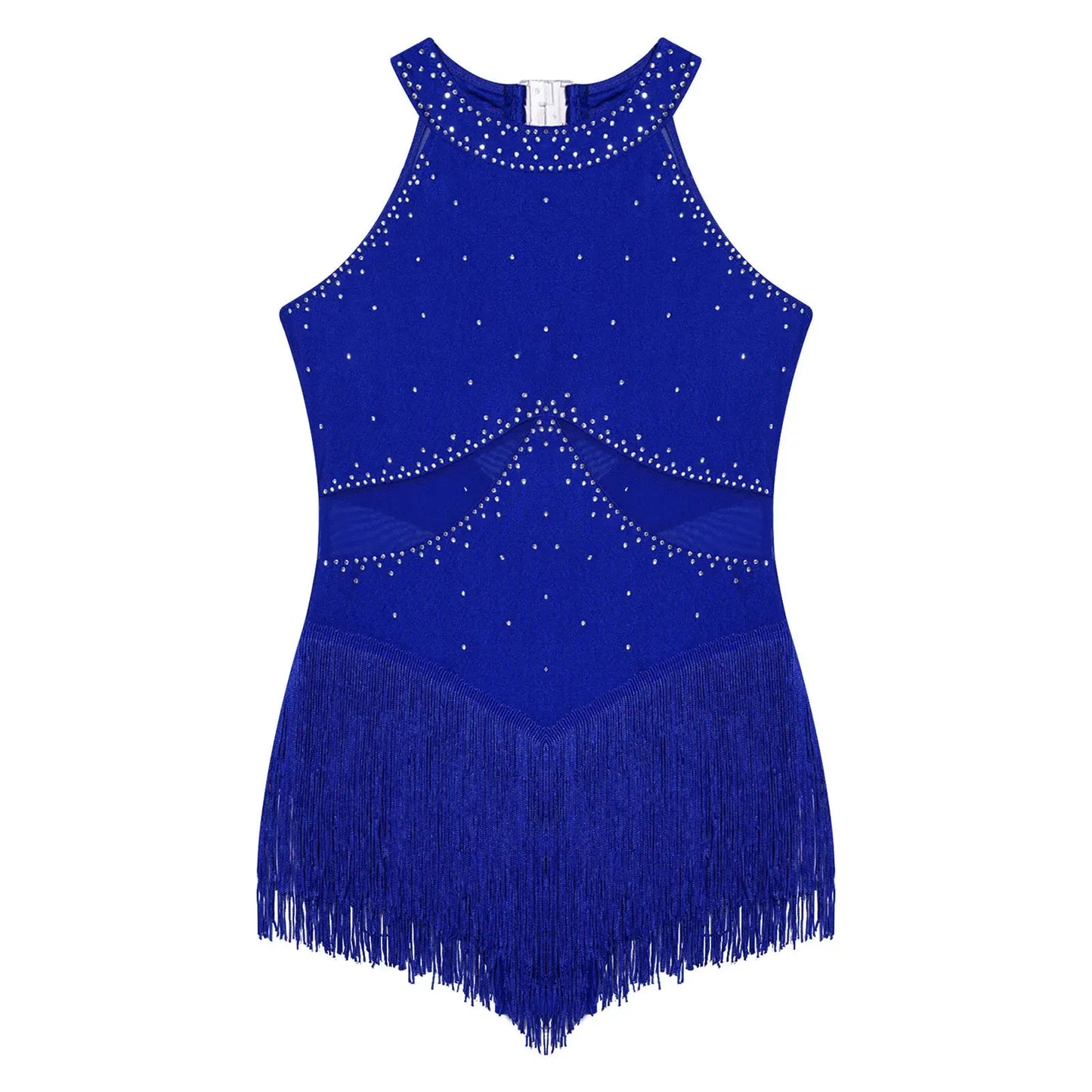 Kids Girls Sleeveless Fringed Bodysuit Moden Latin Jazz Dance Leotard Dress Rhinestones Gymnastics Skating Performance Costumes