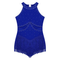 Kids Girls Sleeveless Fringed Bodysuit Moden Latin Jazz Dance Leotard Dress Rhinestones Gymnastics Skating Performance Costumes