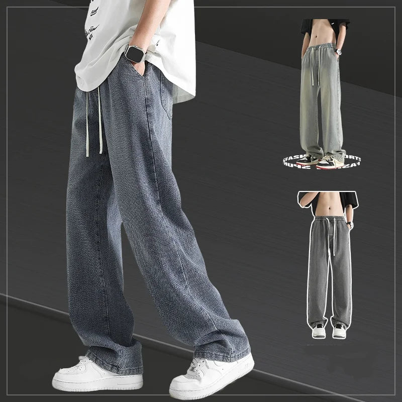 2025 men's fashionable loose wide leg jeans, casual straight leg high street retro loose jeans, casual comfortable jeans, elasti