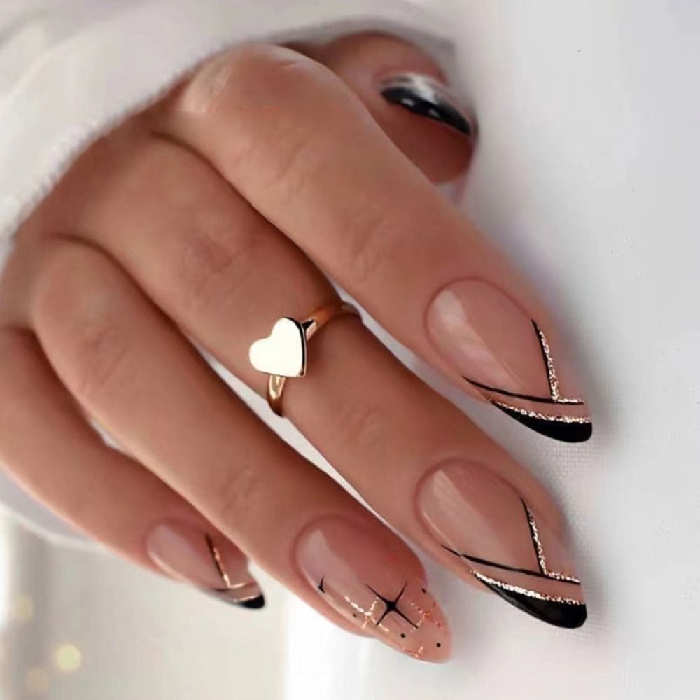 24pcs Short Almond False Nails French Ballerina Gold Line Fake Nail Full Cover Nail Tips DIY Manicure Detachable Press On Nails