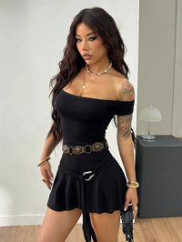 Women's Spring and Summer Y2K Knitted Stretch Off-Shoulder Top, Slim Fit Brown Short Sleeve Mini Dress Without Belt