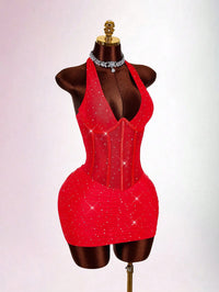 Red Halter Neck Rhinestone Mini Dress with Corset Waist for Party Club Night