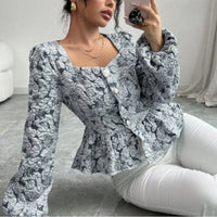 Bubble Sleeve Shirt Retro Square Collar Floral Shirt 2025 Spring Fashion Commuter Coat Women