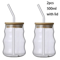 1/2pcs 500ml Glass Tumblers Cups With Straw Mason Jar Clear Juice Coffee Milk Cup With Bamboo Lids Drinkware Stripe Beer Mug