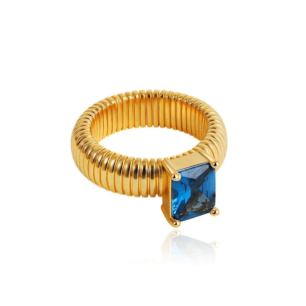 18K Gold Plated Waterproof Multi-color Crystal Chunky Striped Texture Rings Delicate Shiny Square Zircon Wed Ring Punk Jewelry