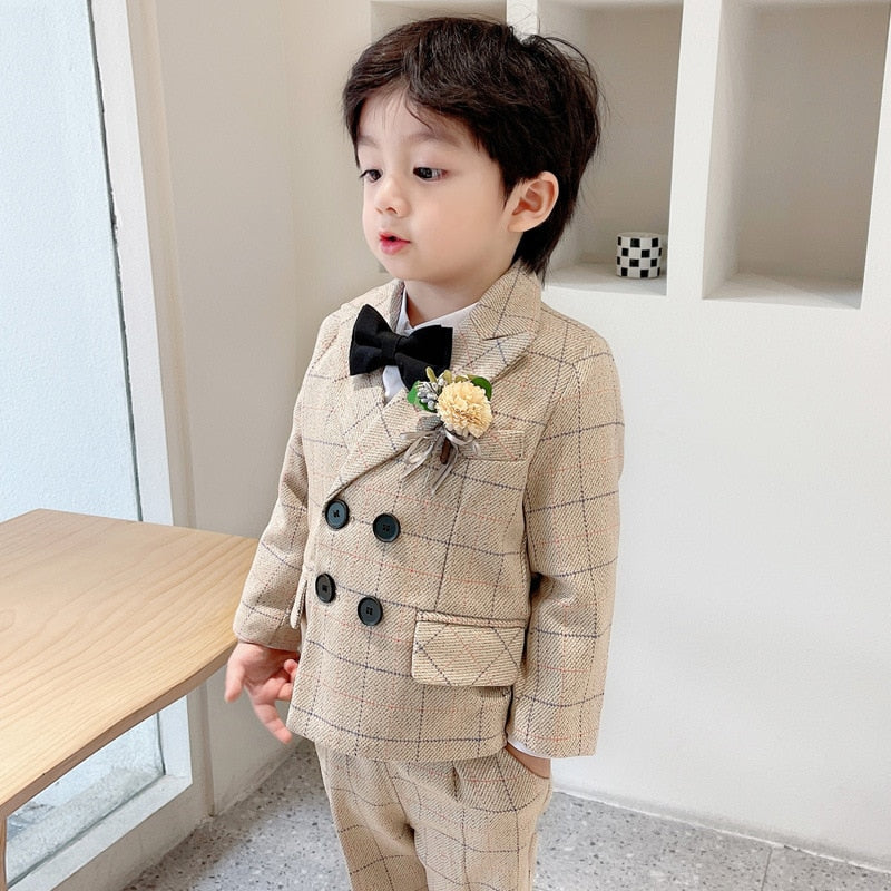 Flower Boys Formal Dress Suit Set Autumn Children Plaid Double Breasted Blazer Pants 2Pcs Clothes Set Kids Wedding Party Costume