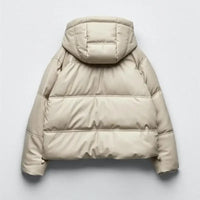 Winter Women Faux Leather Puffer Jacket 2024 Warm PU Snow Hooded Parka Female Casual Loose Coat Zipper Long Sleeve Overcoat