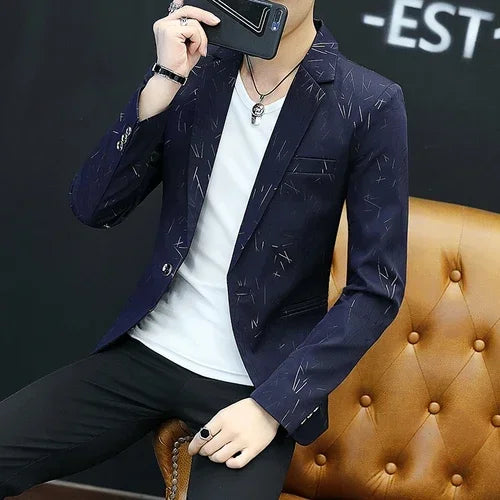 Men's Korean Slim Suit Blazer Men's Summer Handsome Personality Printed Small Suit Night Men's Casual Suit Thin Jacket