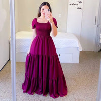 2025 Spring Summer New Women Closing Solid Color Square Collar Short Sleeve Long Dress Vestidos Largos vestidos verano moda 2024