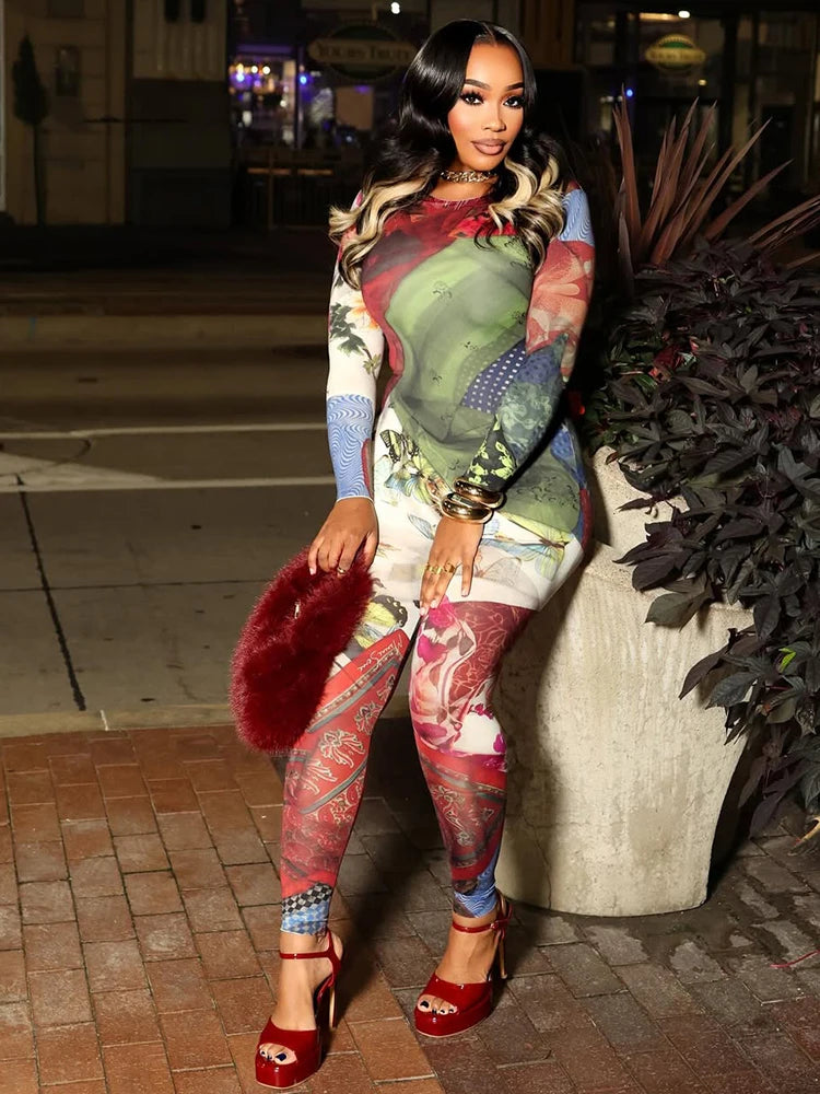 Kliou Colorful Print Jumpsuits Woman Autumn Trend o-Neck Full Sleeve Skinny Peach Hip Hot Girls Street Sexy Fashion Overalls