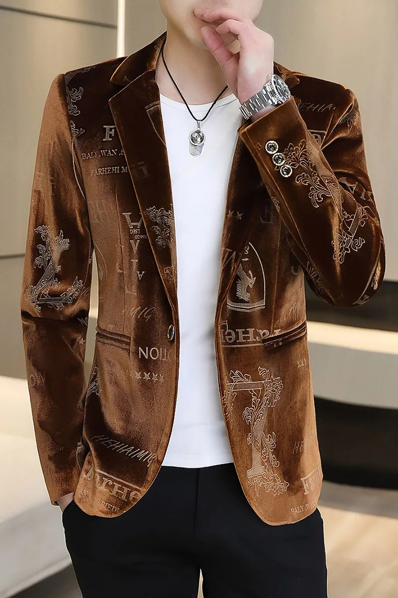 Brand Clothing Luxury Velvet Suit Jacket Men Fashion Bronzing Printed Blazer Masculino Slim Fit Casual Business Social Blazers