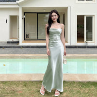 French Elegant Satin Camis Dress Summer Sexy Backless Spaghetti Straps Midi Dress Y2K Solid Sleeveless Party Night Vestidos