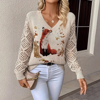 Elegant Bohemian Floral V-neck Long Sleeved Top Fashionable V-neck Pullover Hollow Printed Sweater Pullover 2025 Casual Knitwear