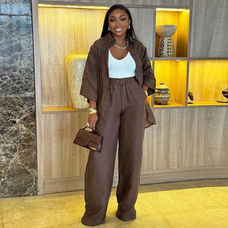 Spring and summer casual shirt long pants two-piece set 2025 new women's fashion lapel loose suit women's daily wear