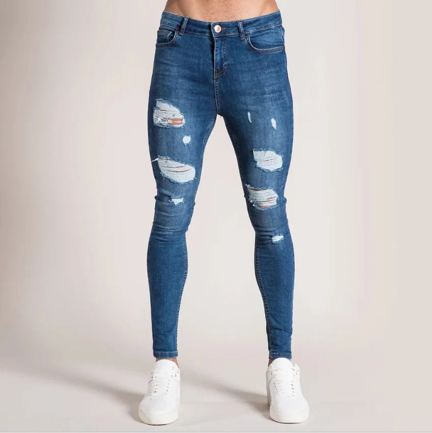 2023 Fashion Street Style Ripped Skinny Jeans Men Vintage wash Solid Denim Trouser Mens Casual Slim fit Black Blue denim Pants