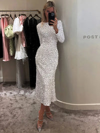 GACVGA Fashion Sequined Party Slim Midi Dress For Women 2025 Autumn Winter Elegant Long Sleeve Sexy Bodycon Evening Dresses