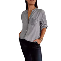 Women Pocket Sequined Blouse Shirts Summer Casual Female Button Lantern Sleeve Bling OL Workwear Blouse Tops 2025