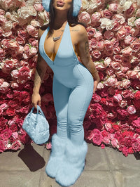 Women's solid color deep V-neck hanging neck jumpsuit sexy pleated backless slim fit jumpsuit