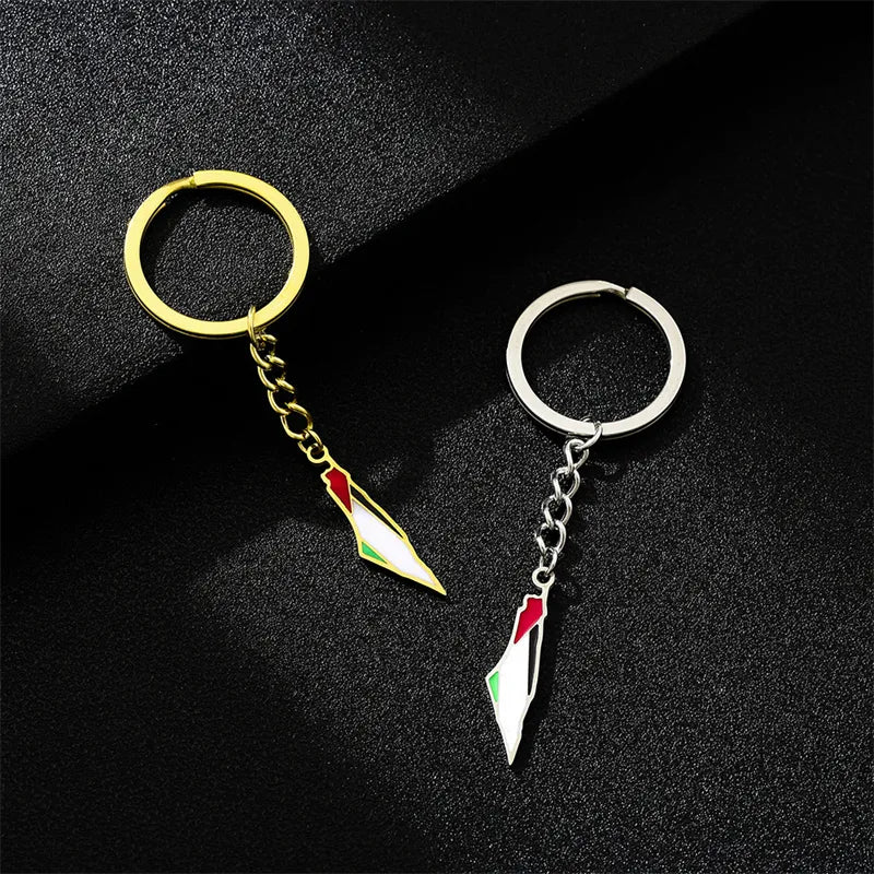 Israel Palestine Map Flag Keychain for Men Women Stainless Steel Pendant Key Chain Gold Color Vintage Jewelry Amulet Accessory