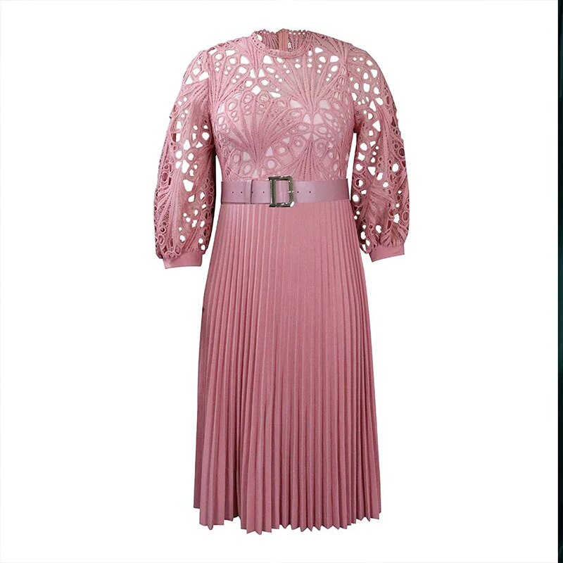 Spring Autumn New Fashion Lace Elegant Plus Size Dress Women Sexy Hollow Out with Belt Oversized Vestidos De Fiesta Lady Clothes