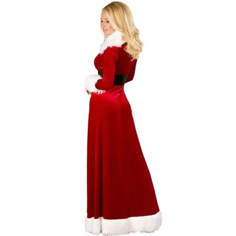 Women Red Velvet Sexy Christmas Costume Xmas Party Cosplay Santa Claus Long Sleeved Coat Suit Christmas Performance Clothing