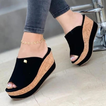 2023Slippers Summer  Wedges  Retro Fish Mouth Large Size Sandals Women High Heel Platform Solid Color Plus Size Shoes Sandalias
