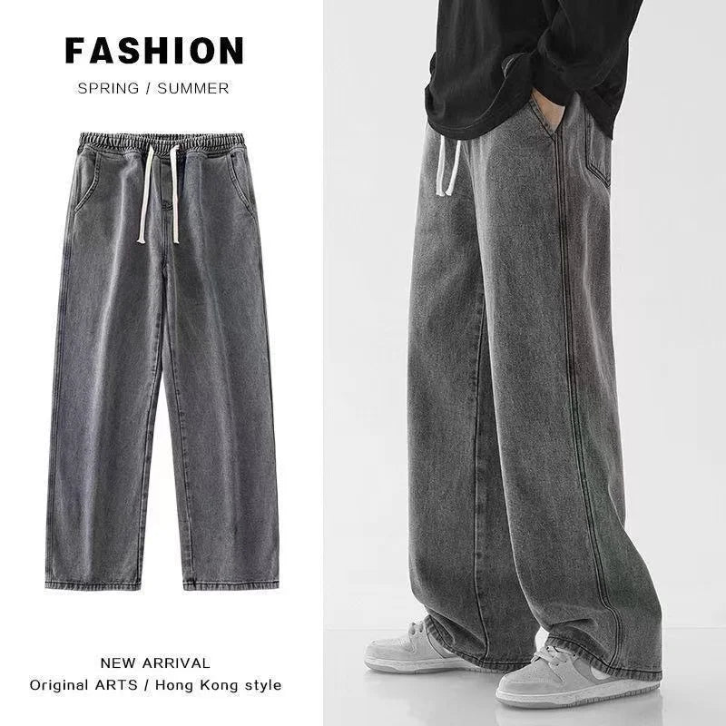 Autumn Korean Fashion Baggy Jeans For Men Classic Drawstring Straight Wide-leg Denim Pants Casual Y2K Vintage Jean Trousers