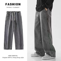Autumn Korean Fashion Baggy Jeans For Men Classic Drawstring Straight Wide-leg Denim Pants Casual Y2K Vintage Jean Trousers