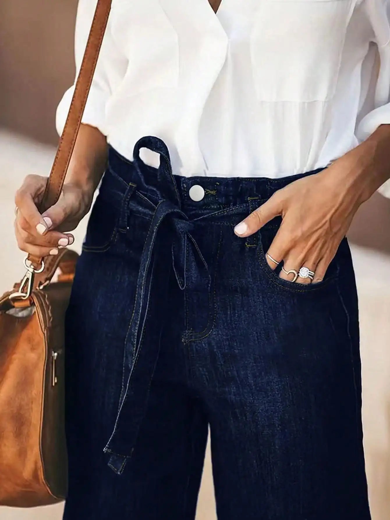 Women's Wide Leg Denim Jeans with Belt - Stylish and Comfortable Loose Fit Trousers for Everyday Wear