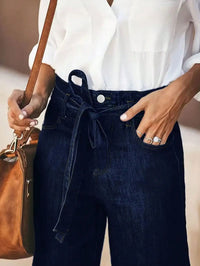 Women's Wide Leg Denim Jeans with Belt - Stylish and Comfortable Loose Fit Trousers for Everyday Wear