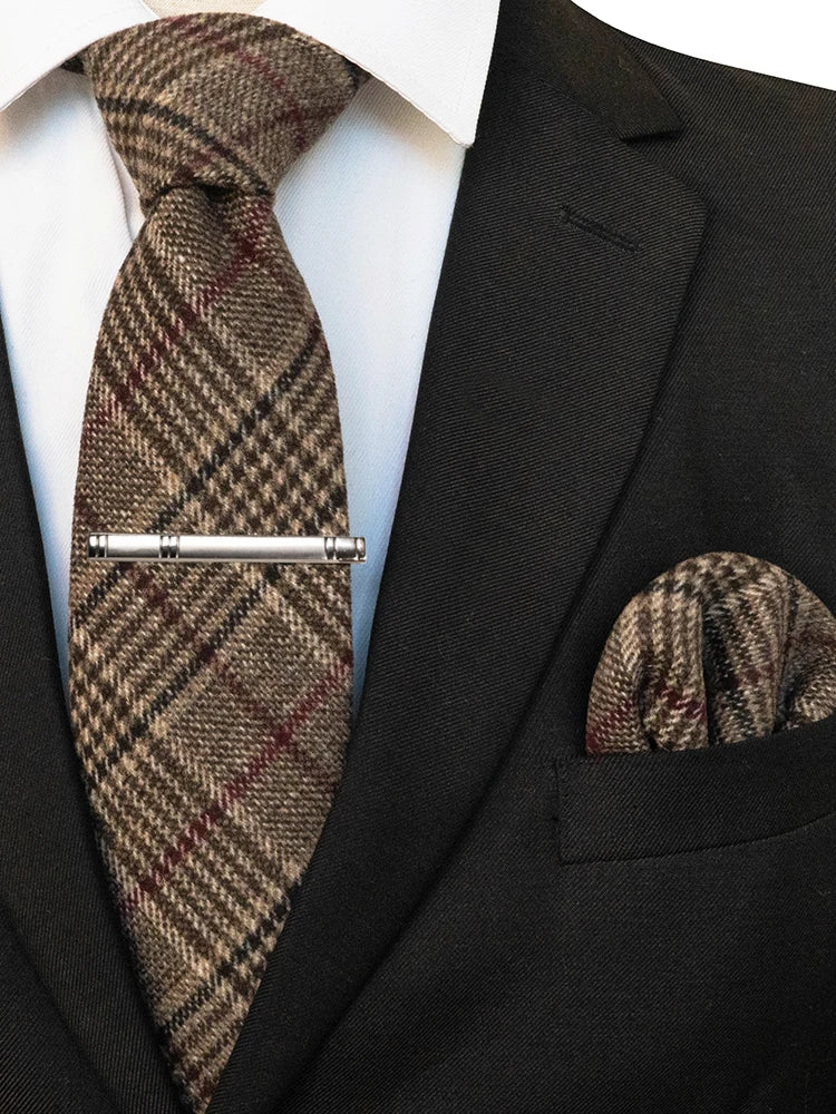 JEMYGINS Classic Wool Necktie For Men 8cm Brown Grey Men Striped Plaid Cashmere Tie Pocket Square Sets Wedding Accessory Gift