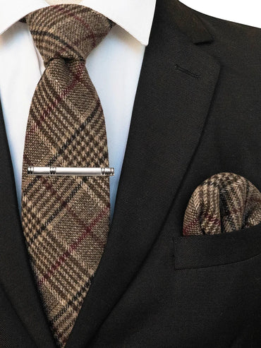 JEMYGINS Classic Wool Necktie For Men 8cm Brown Grey Men Striped Plaid Cashmere Tie Pocket Square Sets Wedding Accessory Gift