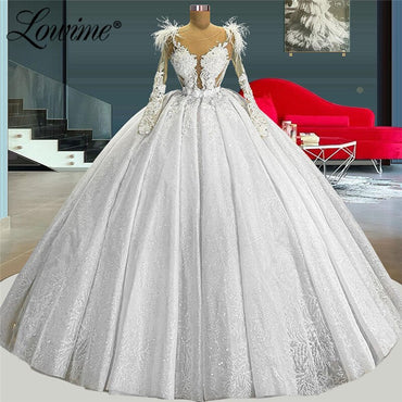 Liyuke Shoulder Feather Ball Gown Wedding Dreses Full Sleeve Glitter Skirt Of Floor Length V Neckline