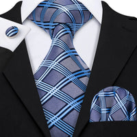Barry.Wang Plaid Silk Men Tie Hanky Cufflinks Set Checked Jacquard Necktie for Male Formal Casual Wedding Business Party Events