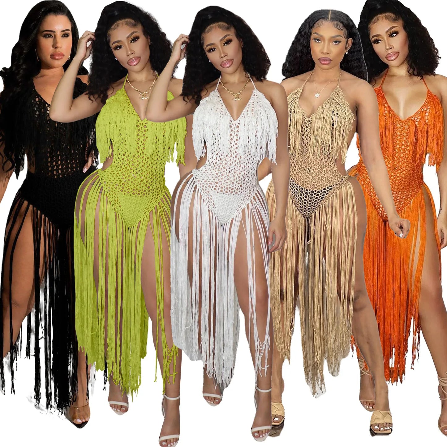 Knit Rib Tassel Bodysuit Rompers Sexy Fishnet Halter Lace Up V Neck See Through Jumpsuit Women Summer Beach Wear One Piece Dress