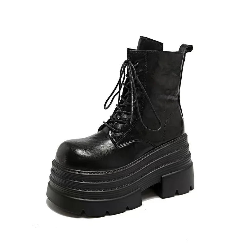 Boots Woman 2025 Trend Female Shoes Winter New British platform Lace up zipper ankle boots Plush Flat Heel Motorcycle boots