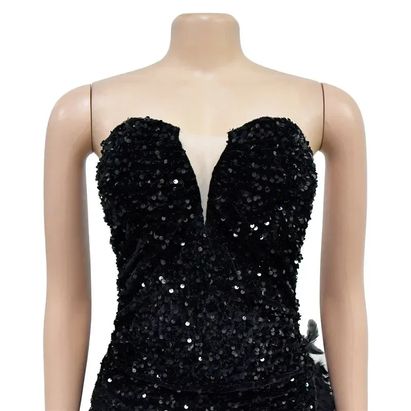 Black Summer Women Strapless Sleeveless Bodycon Sexy Glam Sequins Dress Feather Irregular Bling Long Night Club Party Dresses