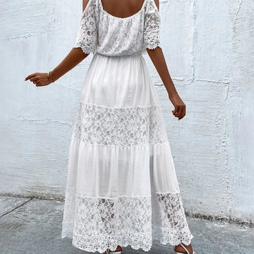 Elegant Retro White Lace Jacquard Women Dress Office Ladies Temperament Off Shoulder Maxi Dresses 2023 Long Evening Party Dress