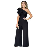 Casual Women's Solid Color Jumpsuits Summer Oblique Collar Black Ears High Waist Wide-leg Pants Fashionable Summer Jumpsuits