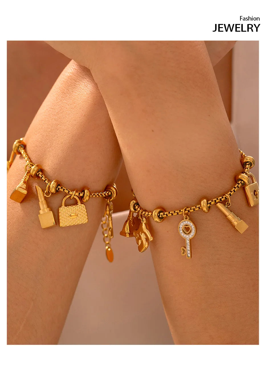 316L Stainless Steel Charm Bracelet For Women 18K Gold Plated Waterproof No Tarnish Women's Multiple Different Pendant Bracelets