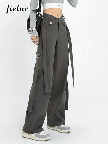 Jielur Grey Sexy Straight Vintage Women Jeans Solid Color Streetwear Chic Button High Waist Fashion Female Denim Wide Leg Pants