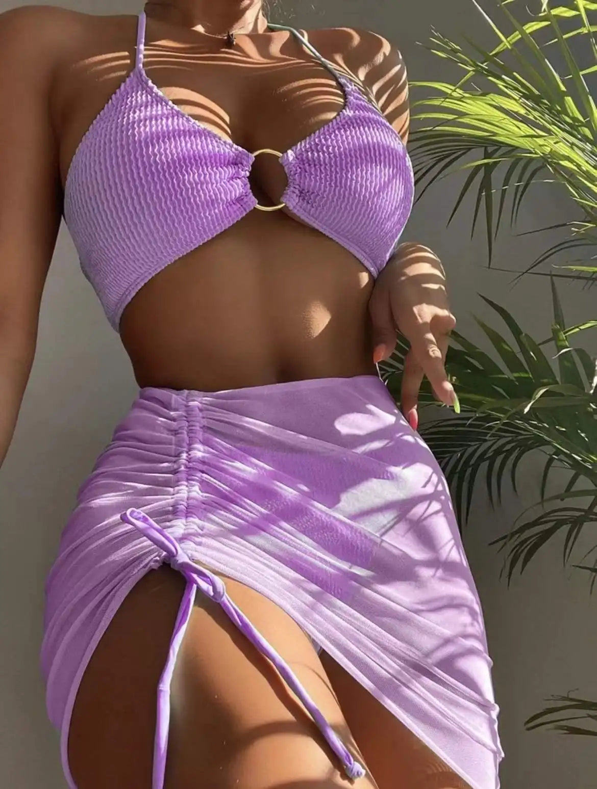 3 Pieces Mesh Skirt Swimsuit Women Halter Micro Ribbed Bikini 2022 High Waist Swimwear Sexy Solid Beachwear Bathing Suit Biquini