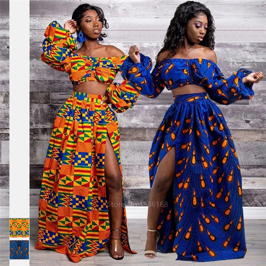 African Dresses for Women Autumn 2-piece Set Lady Full Sleeve Shoulder Off Festher Dashiki Print Split Skirts Africna Clothes