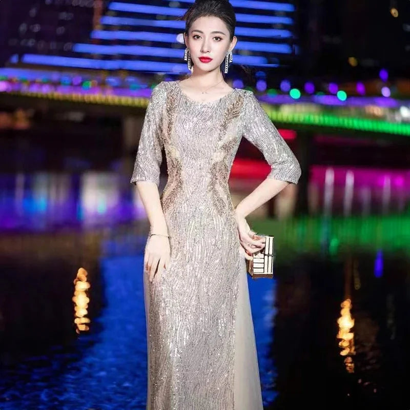 Evening Gown High-end Banquet Niche Light Luxury Host Steel Companion Conductor Choir Performance Costume Women's Long Dress WLF