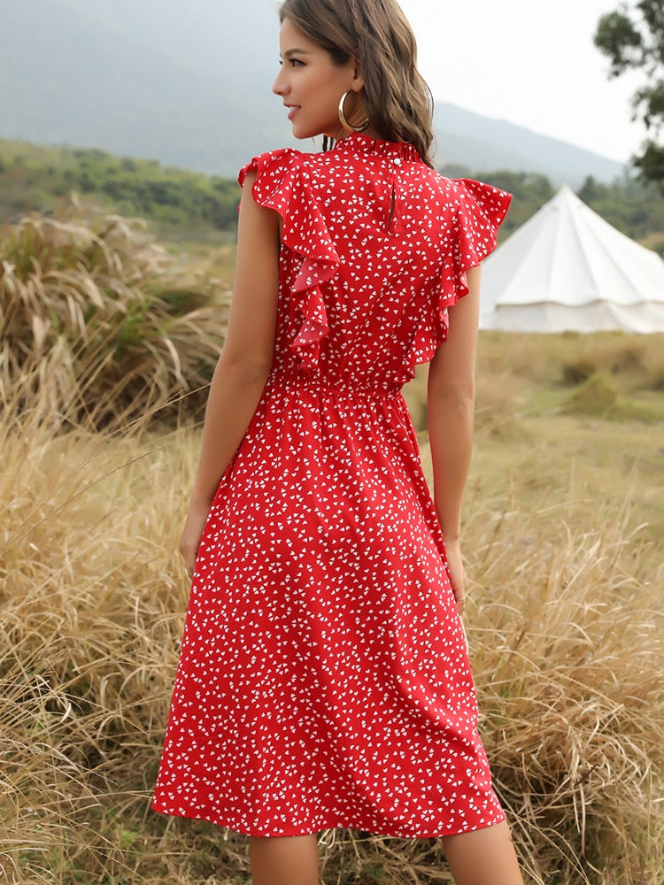 Summer Women Dress Floral Print Ruffle A-line Sundress Casual Fitted Clothes To Knees 2023 Red Dresses For Women