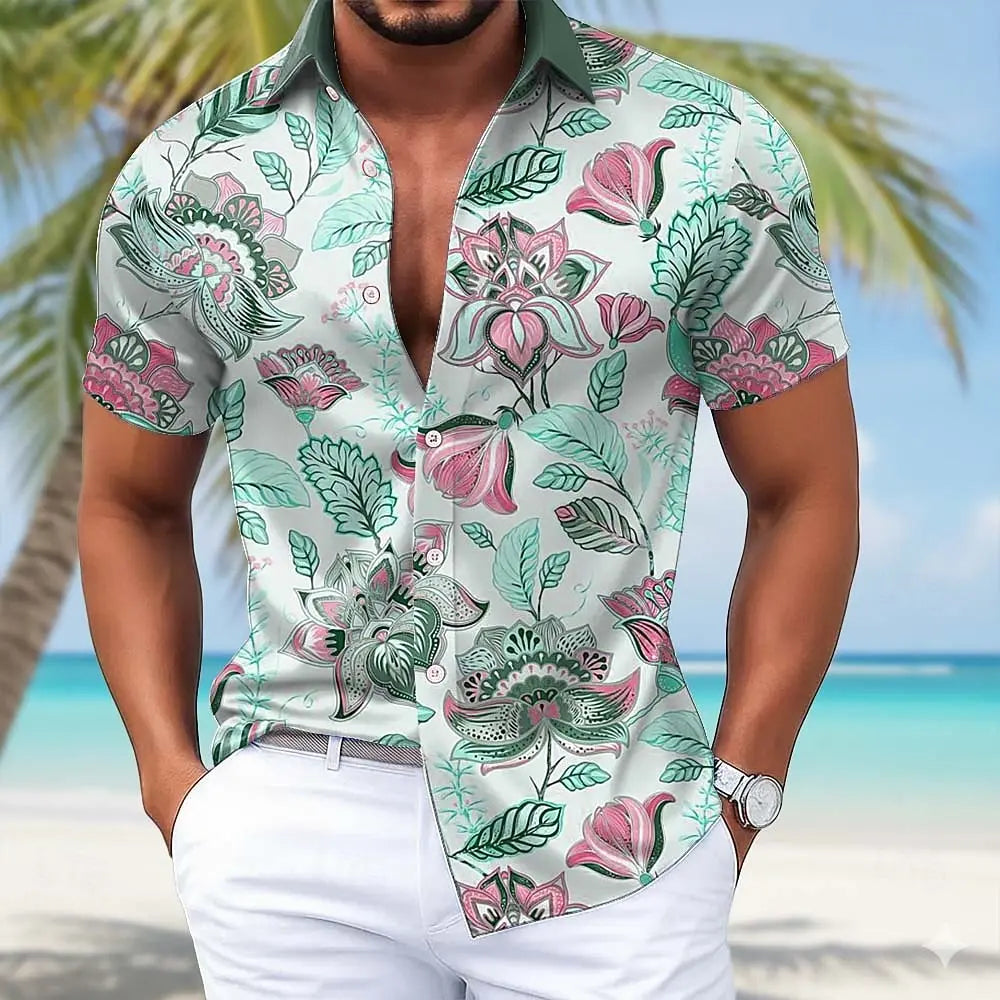 Men's Floral Palm Leaf Tropical Hawaiian Shirt, Short Sleeve 3D Print Button Up Shirt, Blue Pink Green Khaki